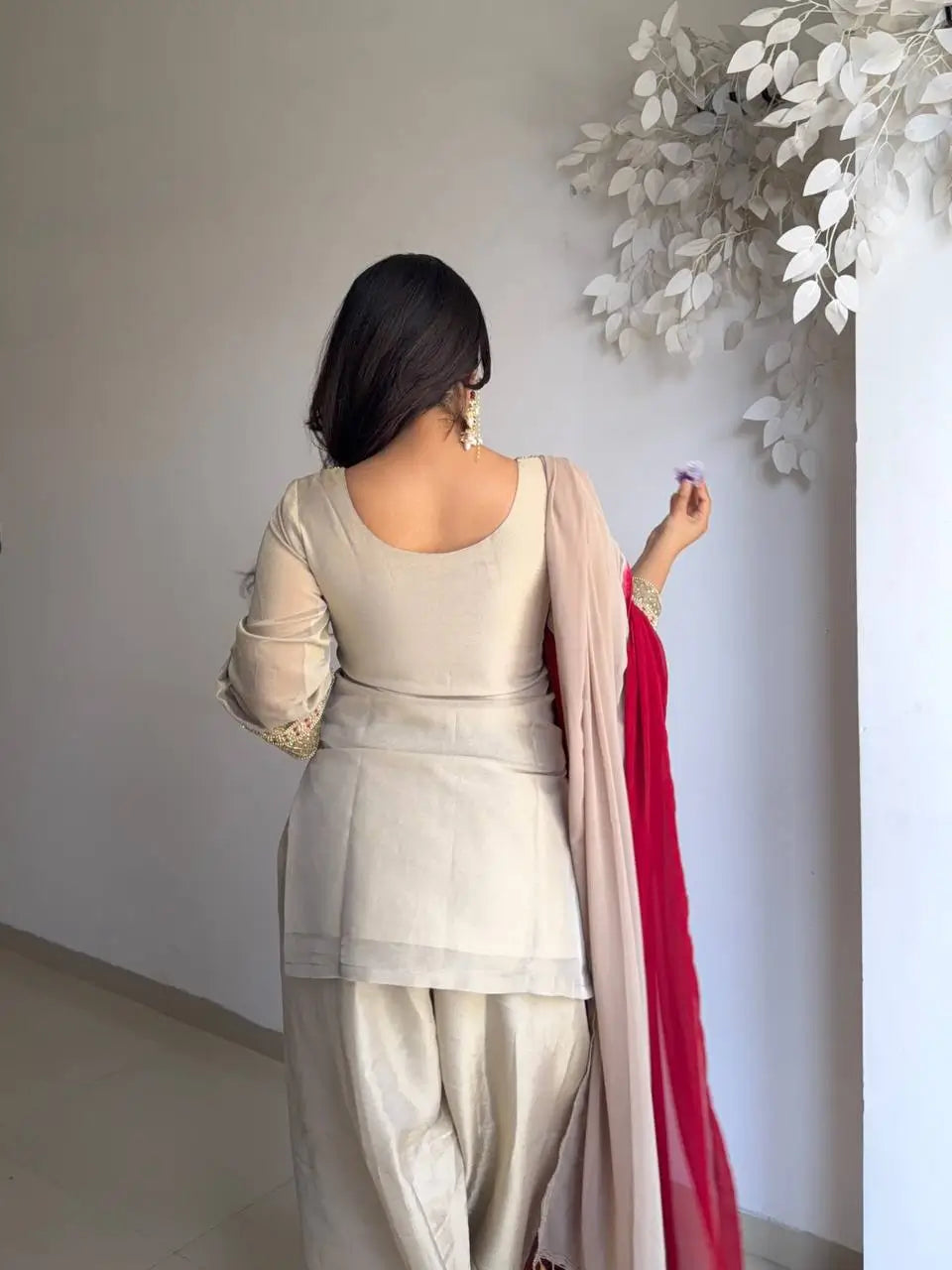Ivory Tebby Organza Farshi Suit Set with Embroidery Thread Work and Red Faux Georgette Dupatta