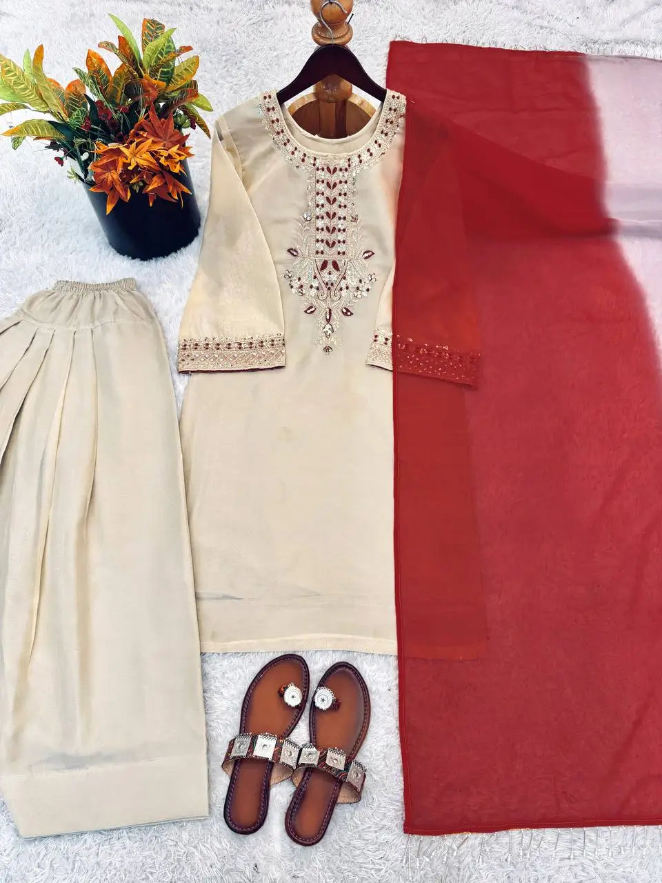 Ivory Tebby Organza Farshi Suit Set with Embroidery Thread Work and Red Faux Georgette Dupatta