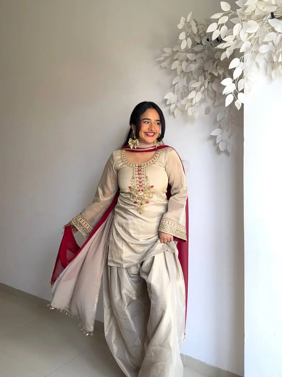 Ivory Tebby Organza Farshi Suit Set with Embroidery Thread Work and Red Faux Georgette Dupatta