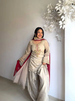 Ivory Tebby Organza Farshi Suit Set with Embroidery Thread Work and Red Faux Georgette Dupatta