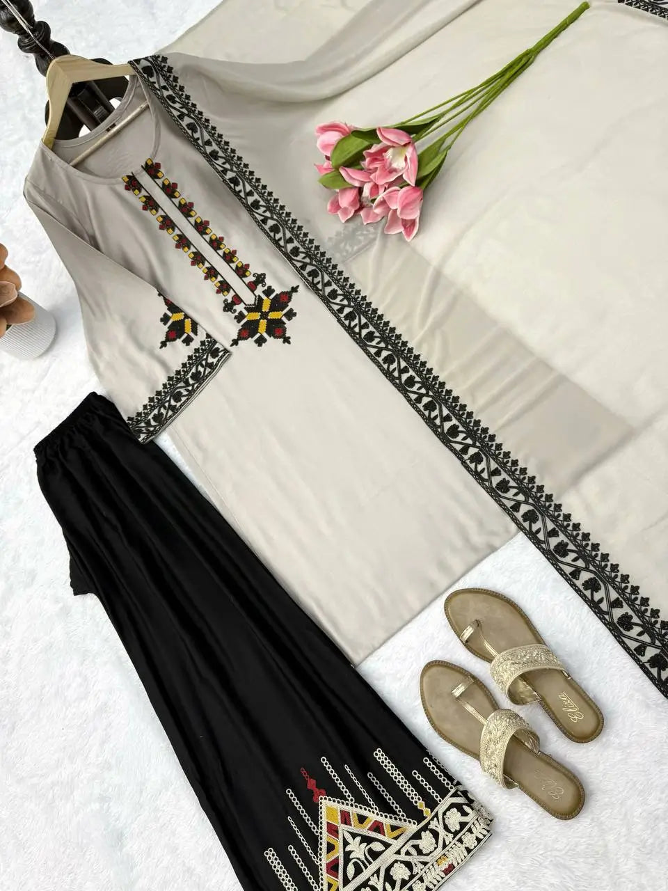 Ivory Threadwork Palazzo Suit
