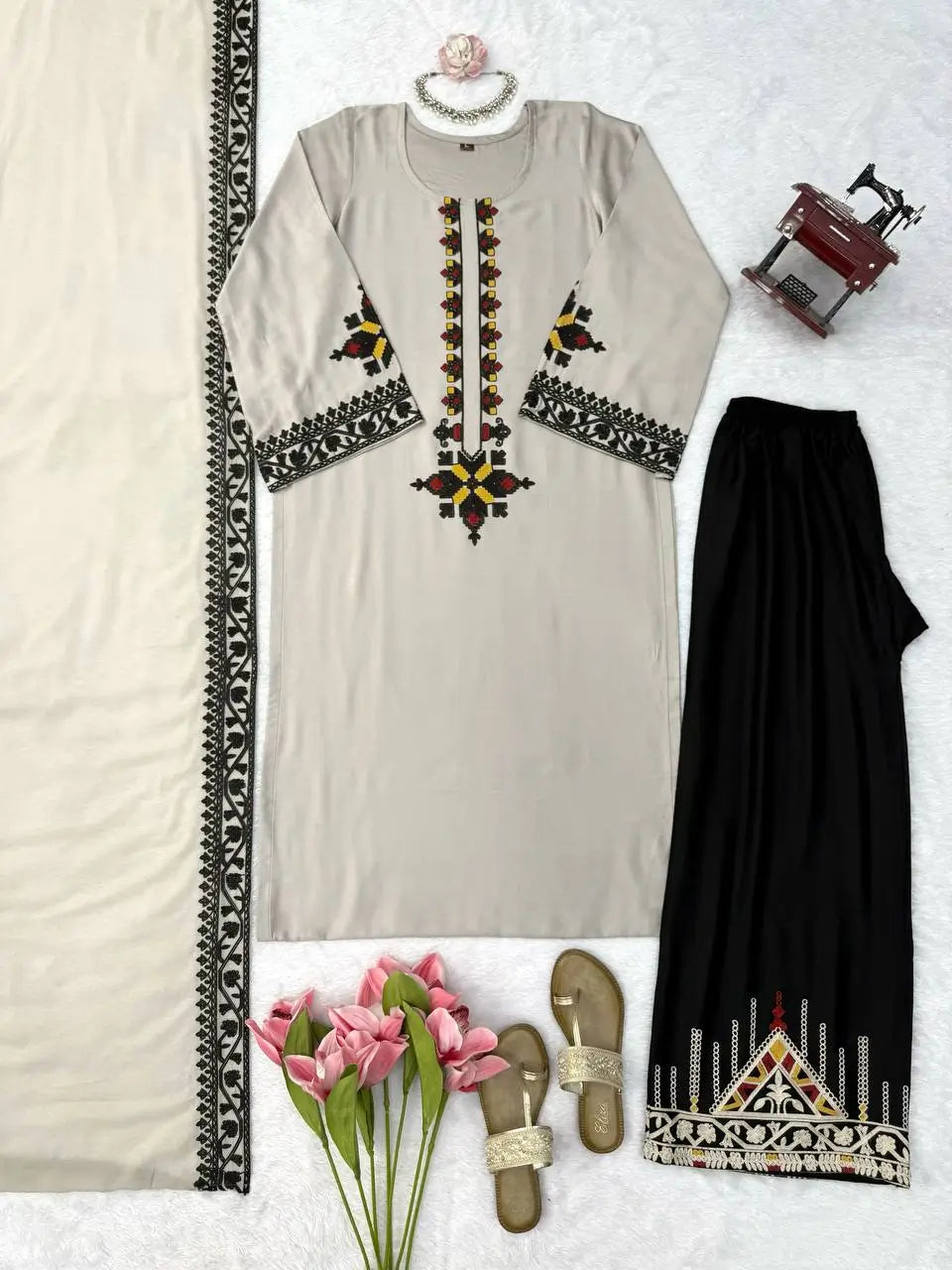 Ivory Threadwork Palazzo Suit