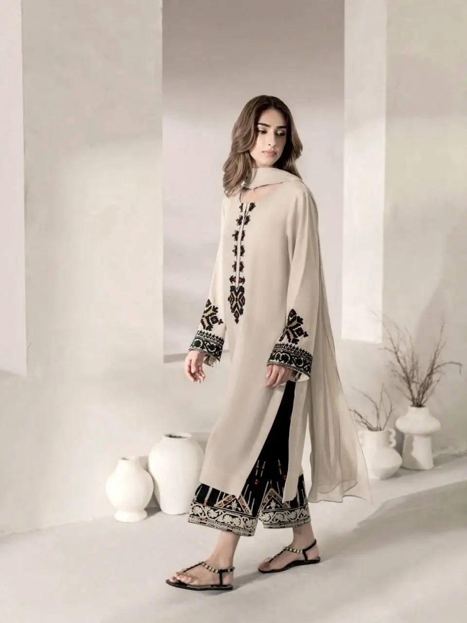 Ivory Threadwork Palazzo Suit