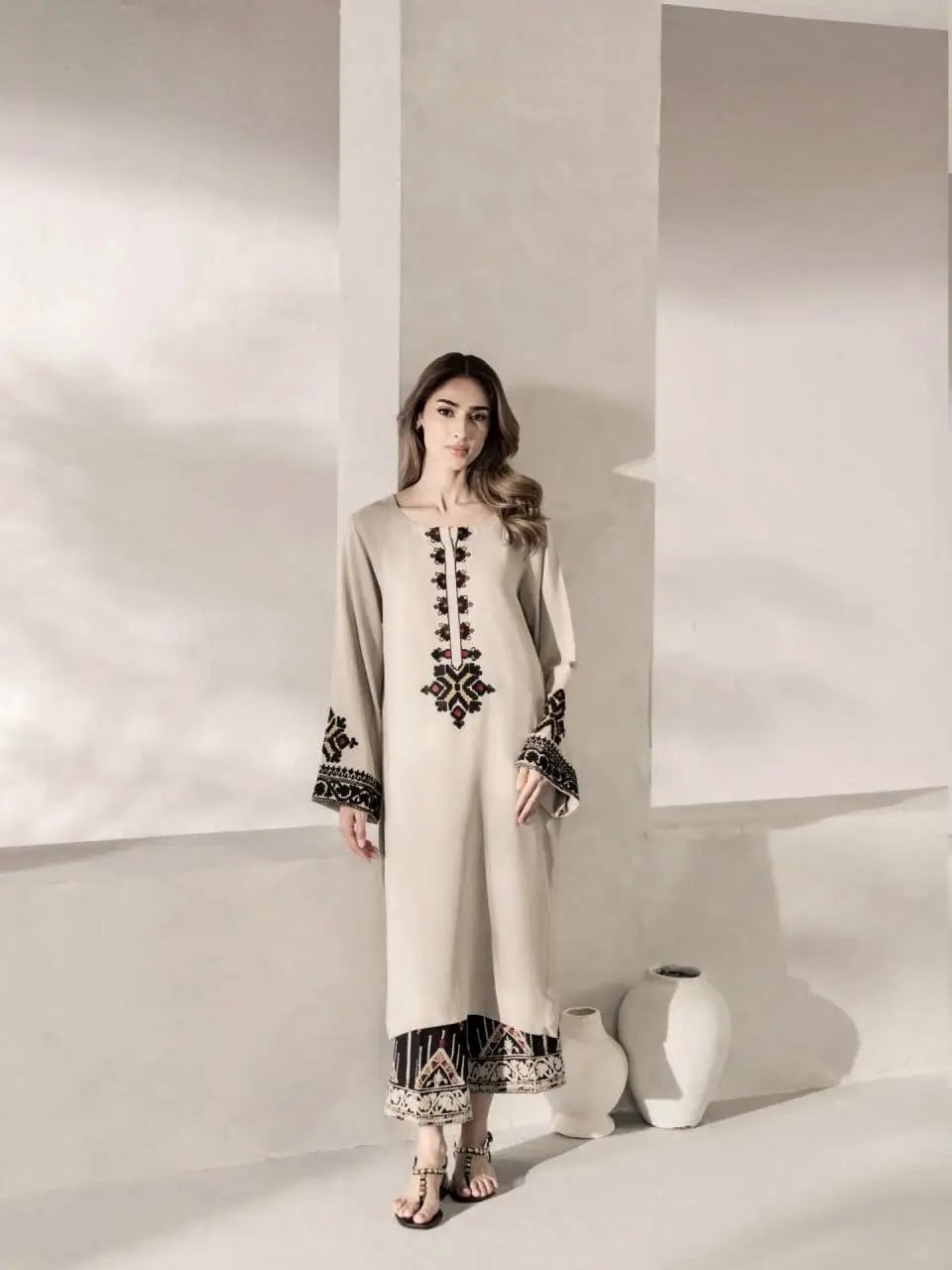 Ivory Threadwork Palazzo Suit