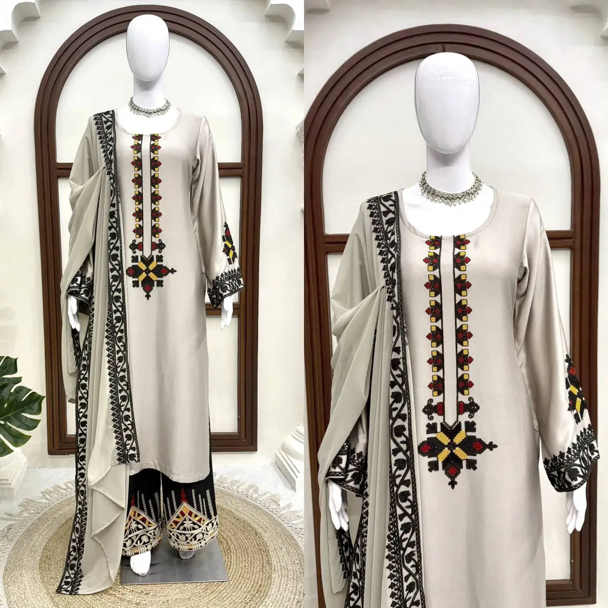 Ivory Threadwork Palazzo Suit