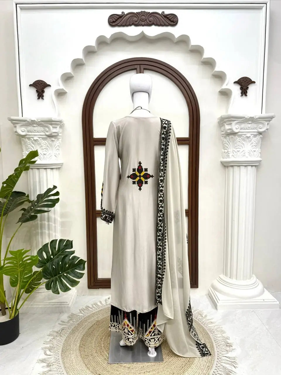 Ivory Threadwork Palazzo Suit