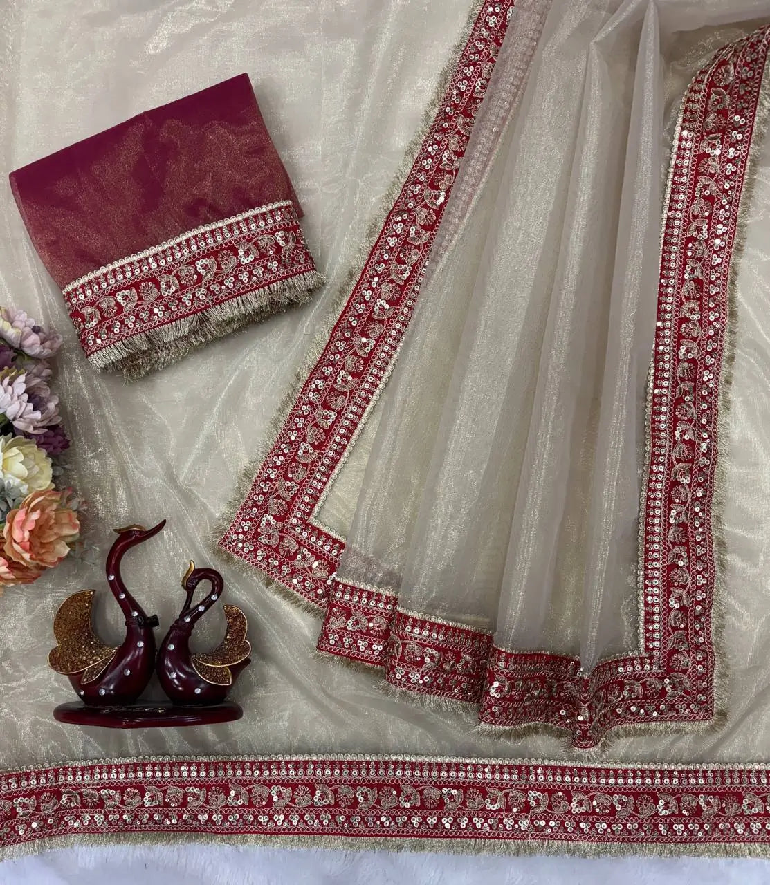 Ivory Twill Net Embroidered Saree for Festive and Wedding Wear