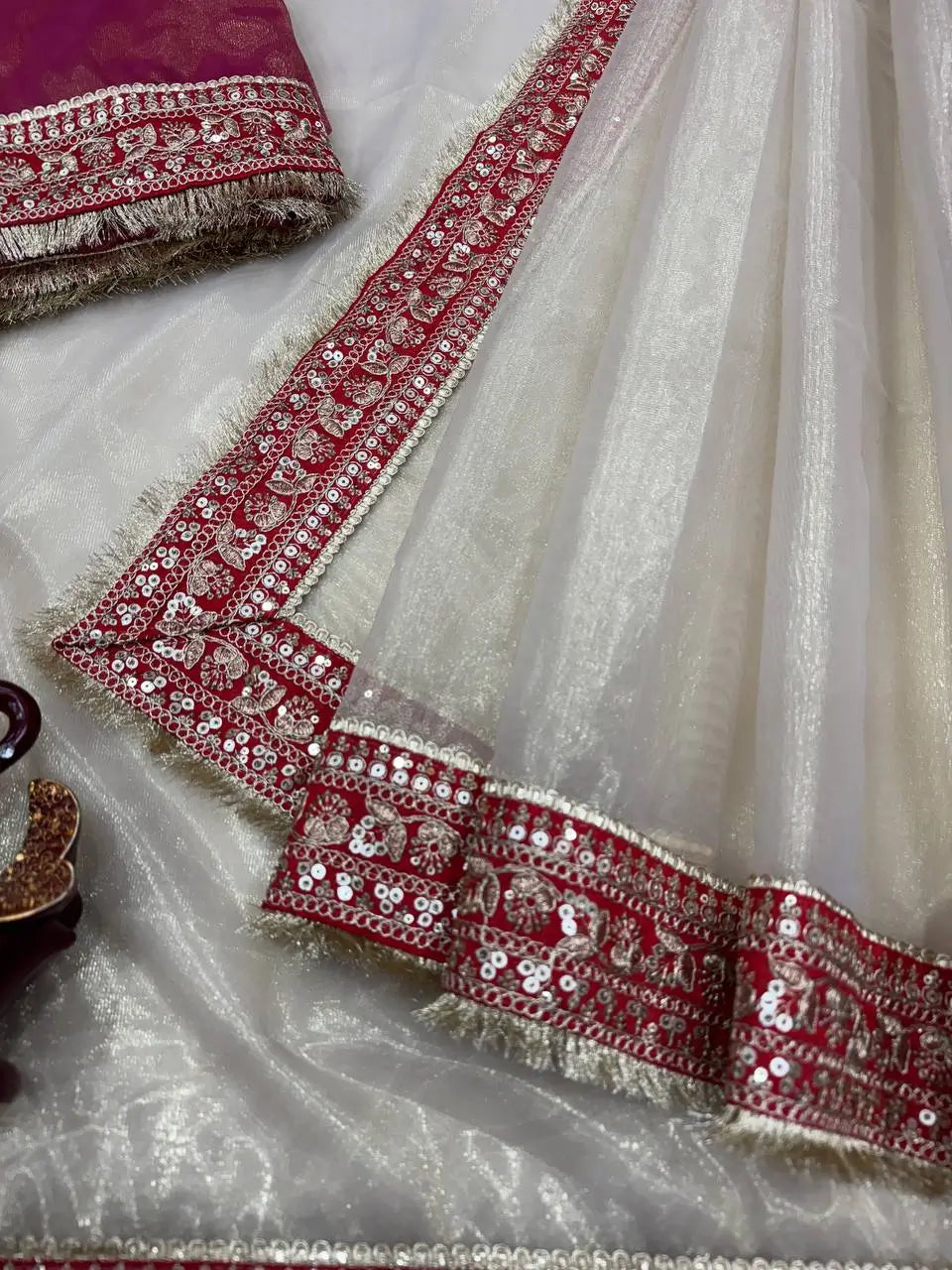 Ivory Twill Net Embroidered Saree for Festive and Wedding Wear