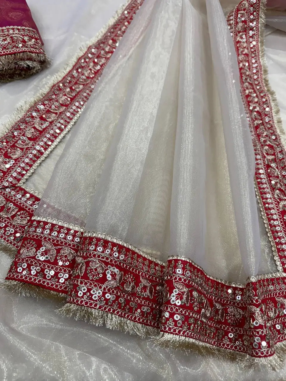 Ivory Twill Net Embroidered Saree for Festive and Wedding Wear