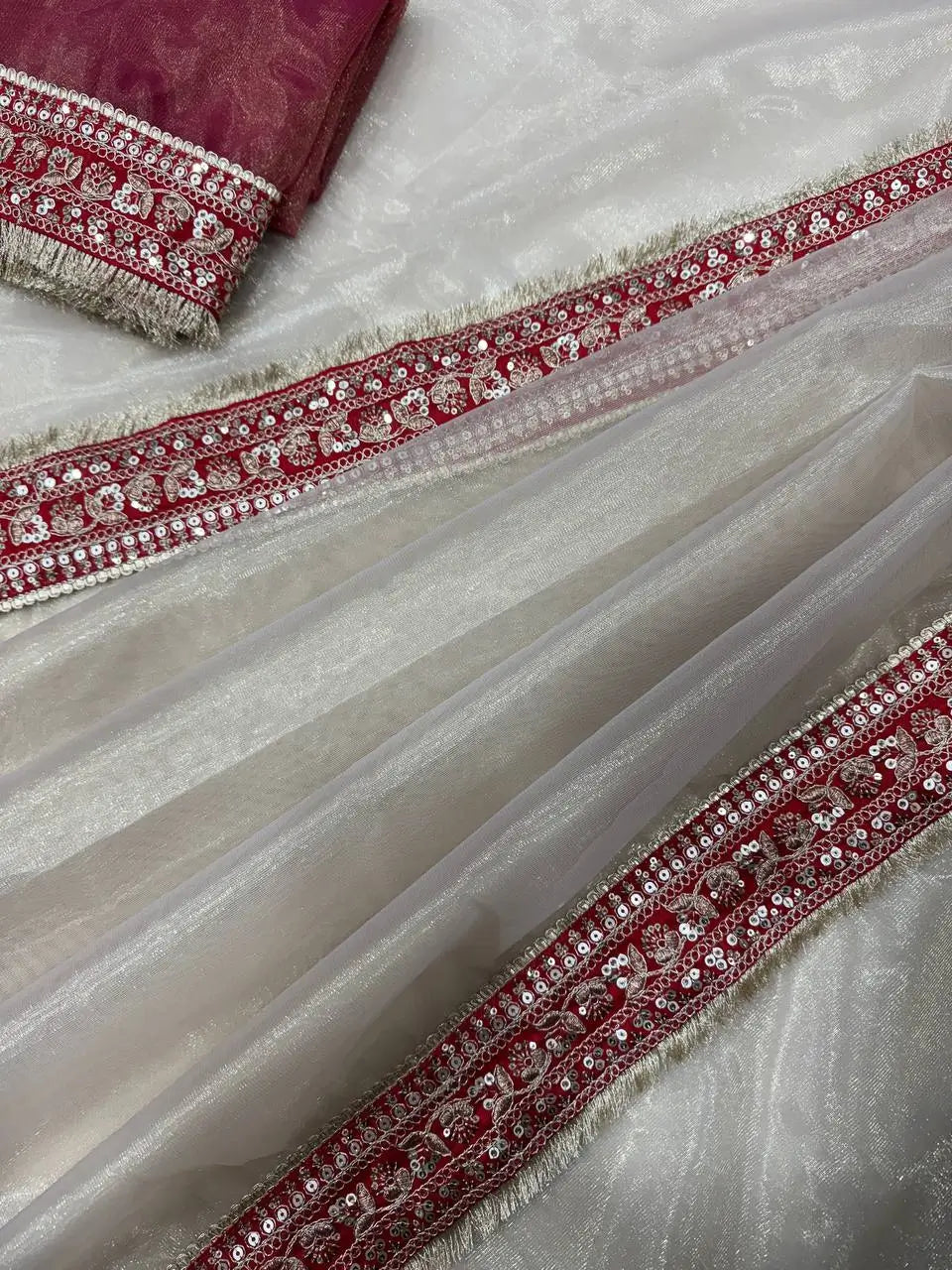Ivory Twill Net Embroidered Saree for Festive and Wedding Wear