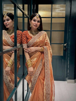Ivory Twill Net Embroidered Saree for Festive and Wedding Wear