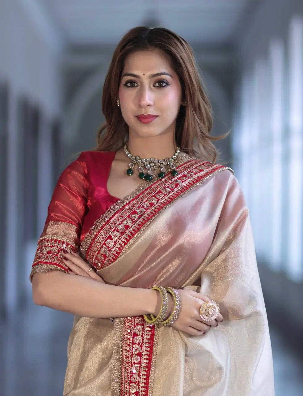 Ivory Twill Net Embroidered Saree for Festive and Wedding Wear