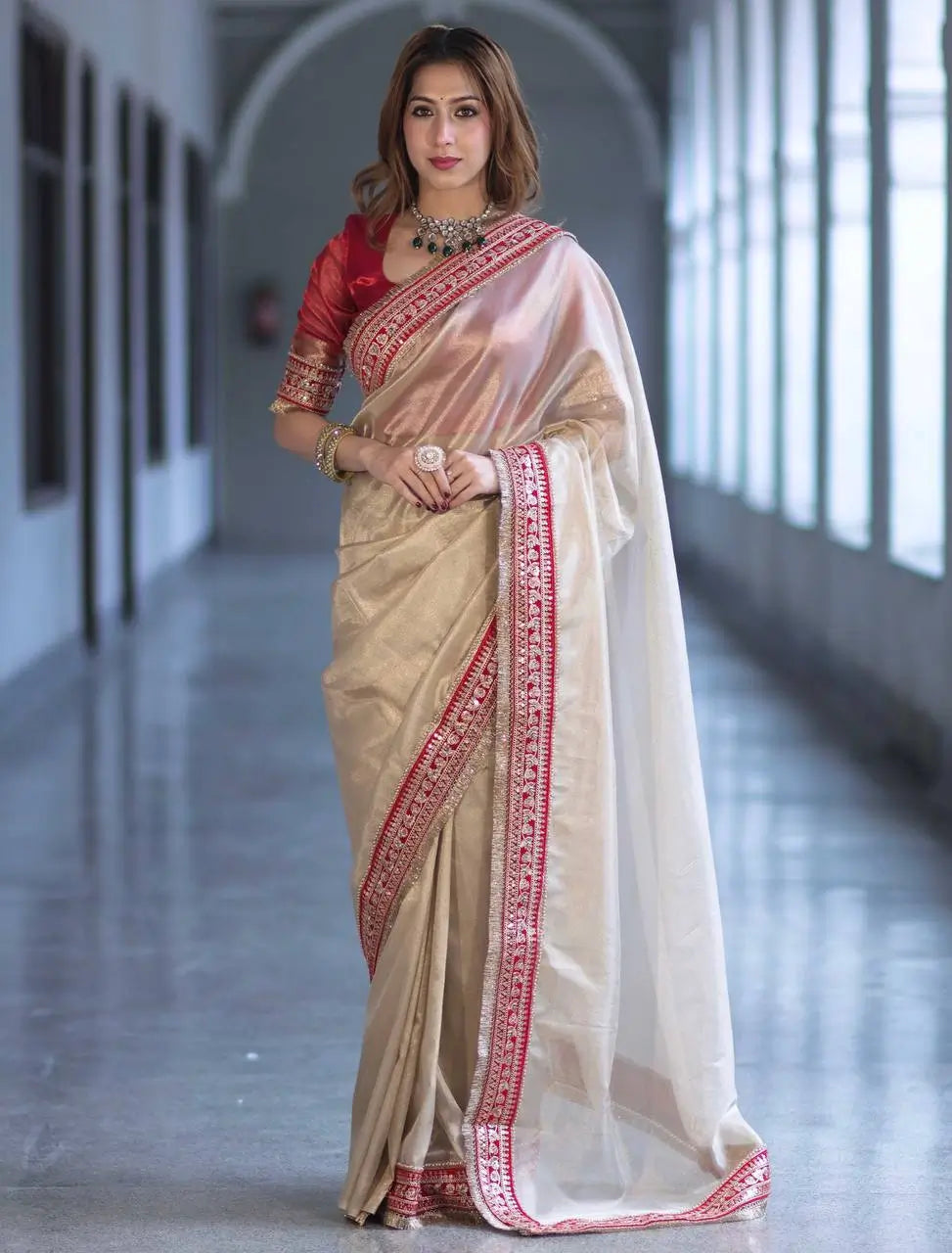 Ivory Twill Net Embroidered Saree for Festive and Wedding Wear