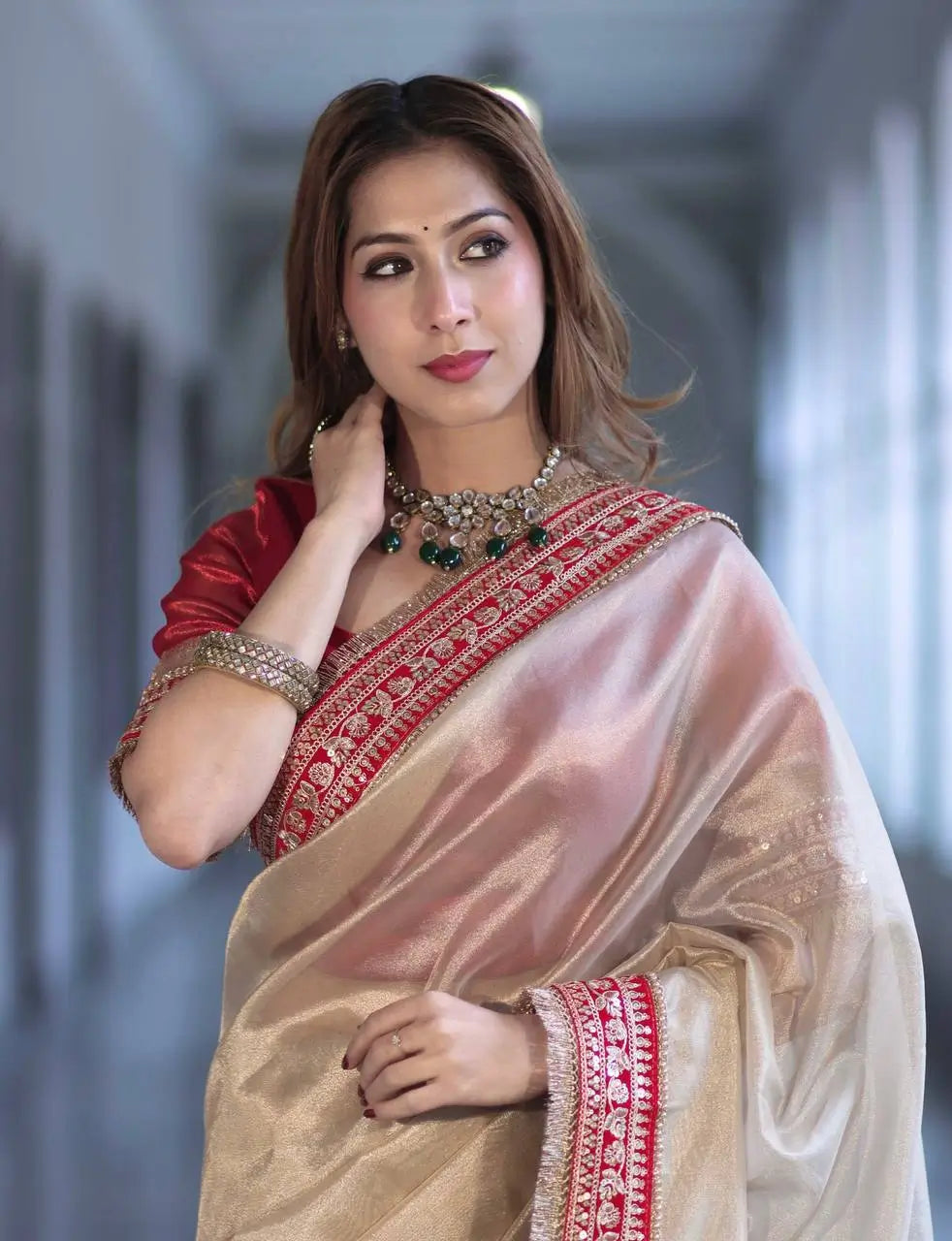Ivory Twill Net Embroidered Saree for Festive and Wedding Wear