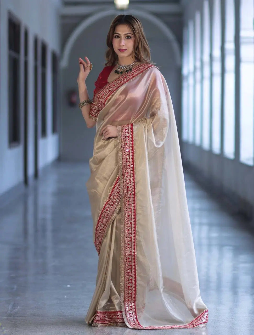 Ivory Twill Net Embroidered Saree for Festive and Wedding Wear