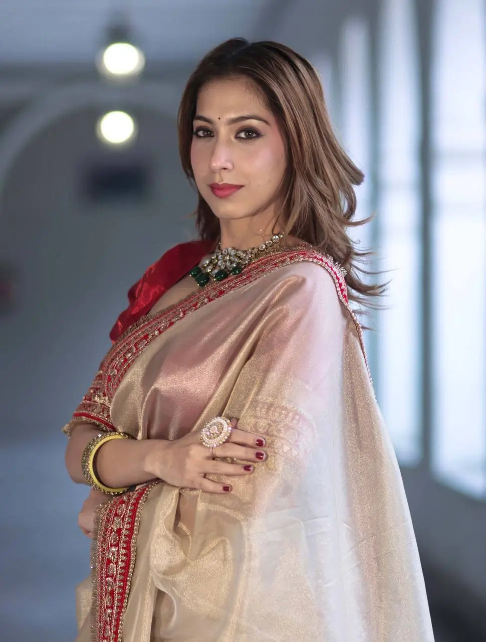 Ivory Twill Net Embroidered Saree for Festive and Wedding Wear