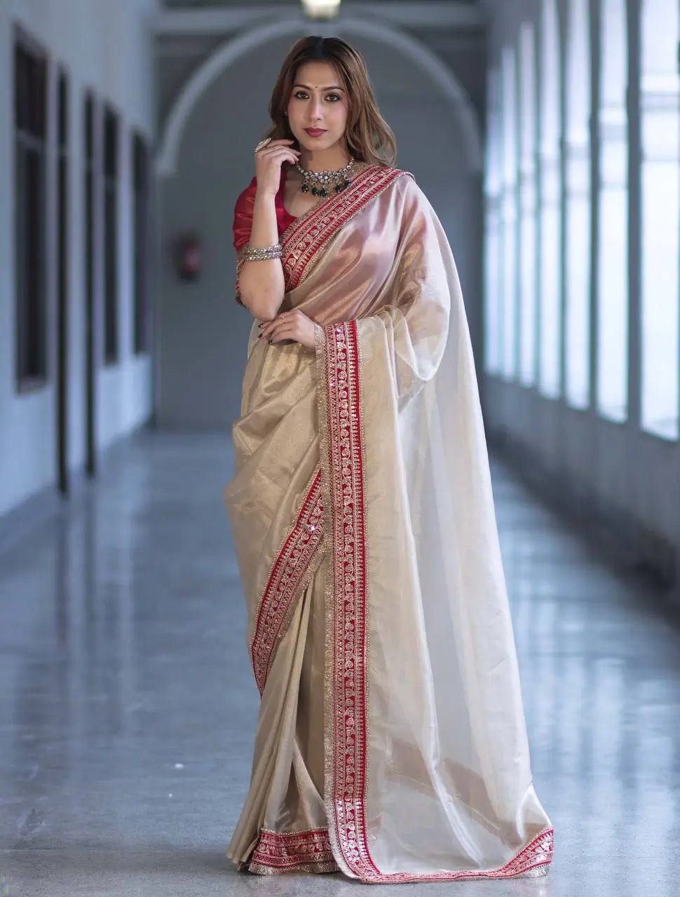 Ivory Twill Net Embroidered Saree for Festive and Wedding Wear