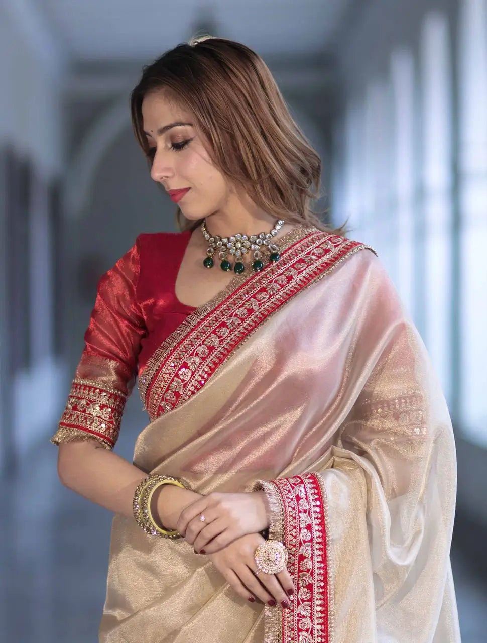 Ivory Twill Net Embroidered Saree for Festive and Wedding Wear