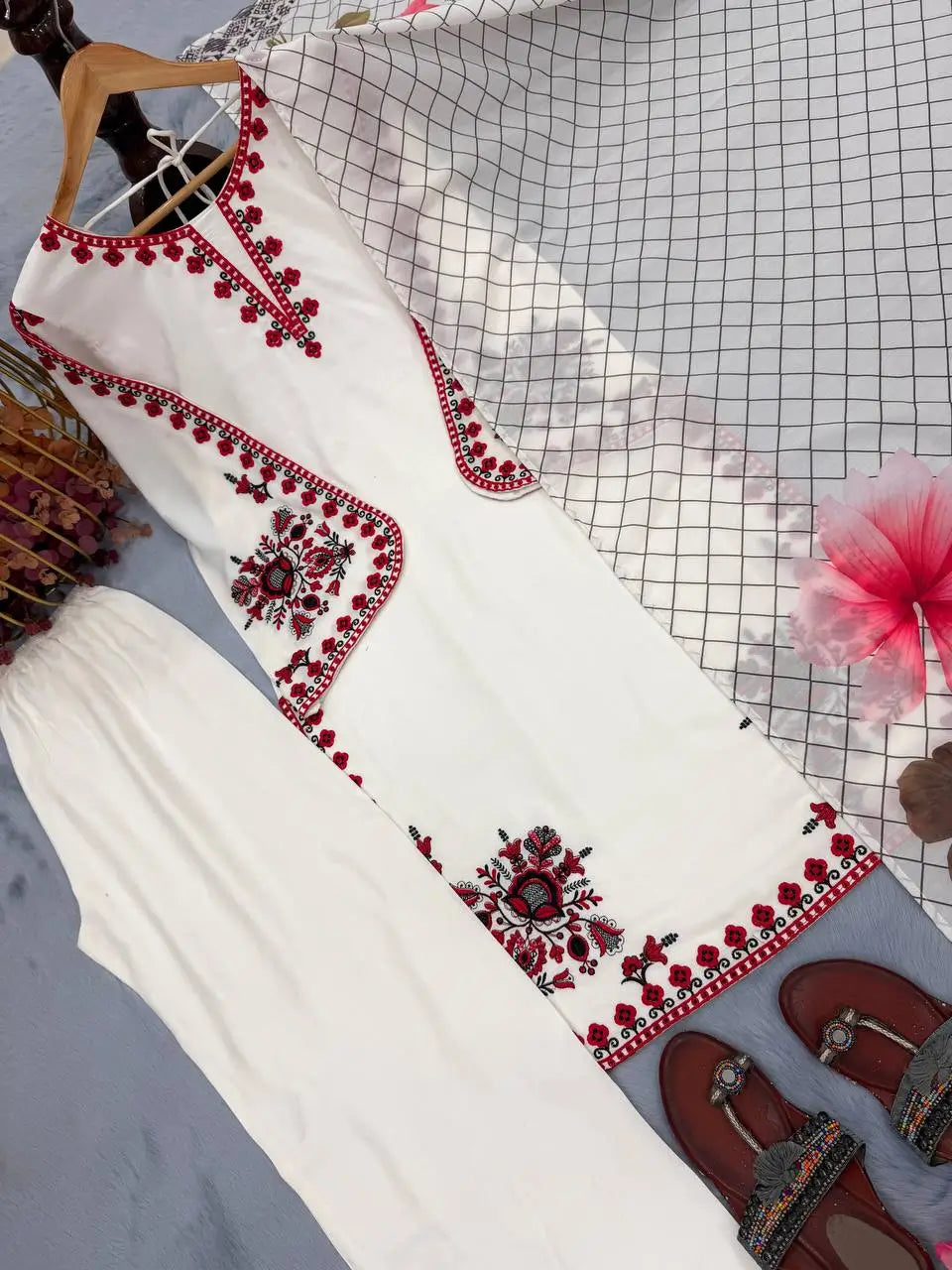 Ivory White Pure Satin Rayon Palazzo Suit Set with Red Thread Embroidery & Digital Print Mal Cotton Silk Dupatta