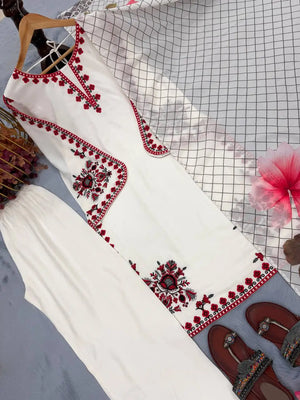 Ivory White Pure Satin Rayon Palazzo Suit Set with Red Thread Embroidery & Digital Print Mal Cotton Silk Dupatta