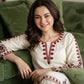 Ivory White Pure Satin Rayon Palazzo Suit Set with Red Thread Embroidery & Digital Print Mal Cotton Silk Dupatta