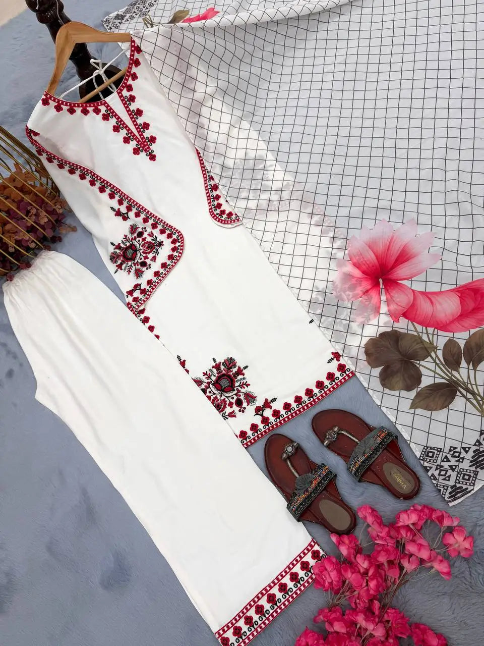 Ivory White Pure Satin Rayon Palazzo Suit Set with Red Thread Embroidery & Digital Print Mal Cotton Silk Dupatta