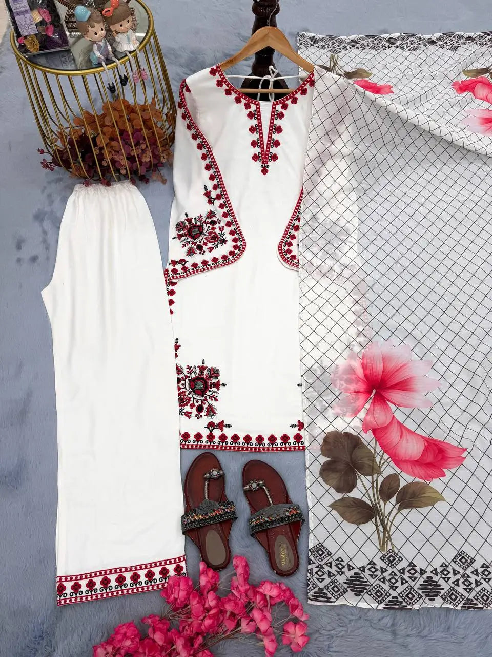 Ivory White Pure Satin Rayon Palazzo Suit Set with Red Thread Embroidery & Digital Print Mal Cotton Silk Dupatta