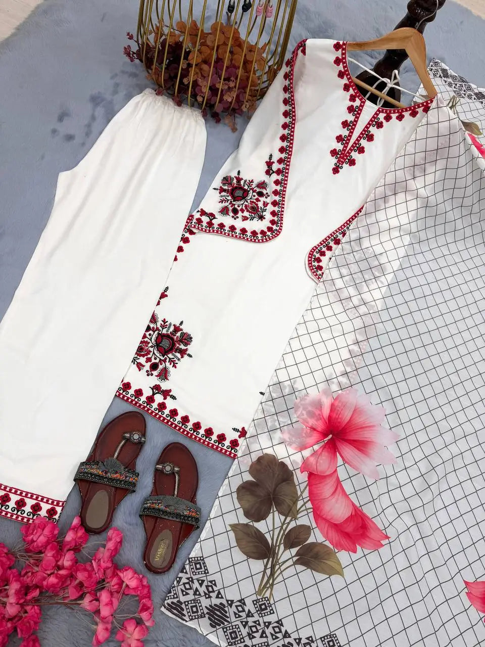 Ivory White Pure Satin Rayon Palazzo Suit Set with Red Thread Embroidery & Digital Print Mal Cotton Silk Dupatta