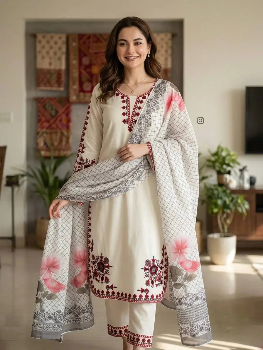 Ivory White Pure Satin Rayon Palazzo Suit Set with Red Thread Embroidery & Digital Print Mal Cotton Silk Dupatta