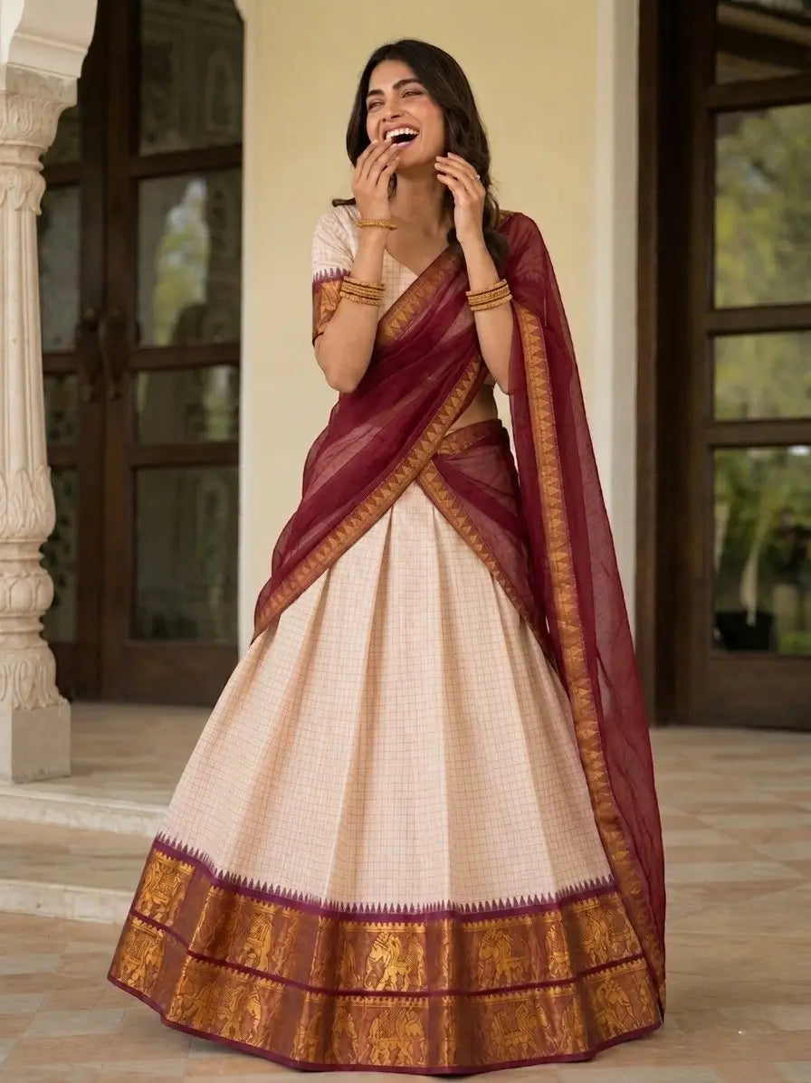 Ivory Zari Weave Lehenga With Maroon Dupatta