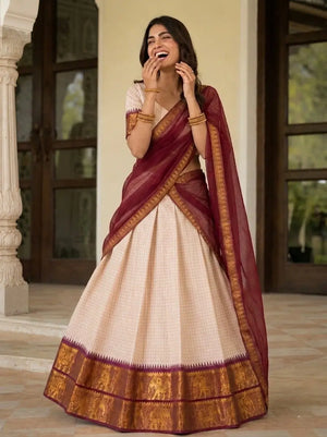 Ivory Zari Weave Lehenga With Maroon Dupatta