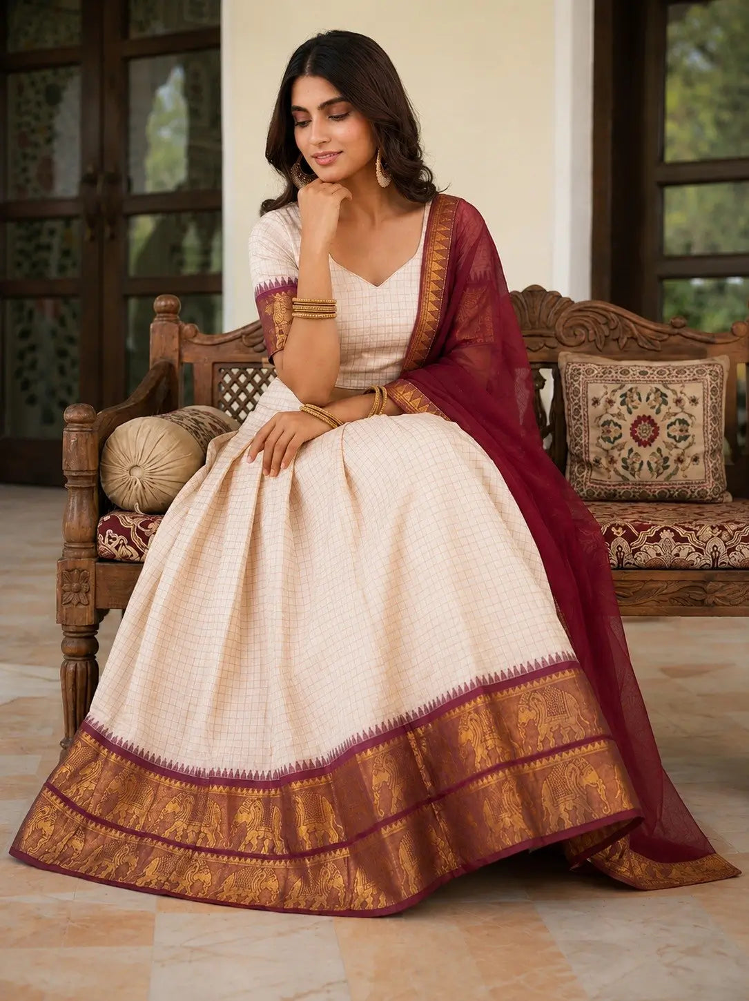Ivory Zari Weave Lehenga With Maroon Dupatta
