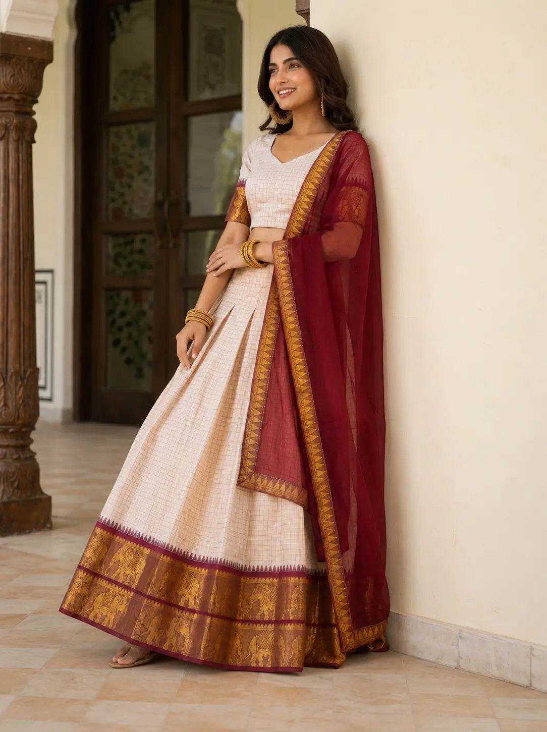 Ivory Zari Weave Lehenga With Maroon Dupatta