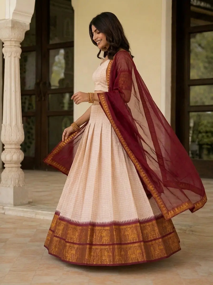 Ivory Zari Weave Lehenga With Maroon Dupatta