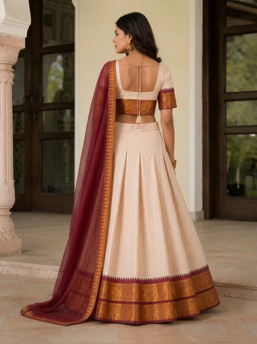 Ivory Zari Weave Lehenga With Maroon Dupatta