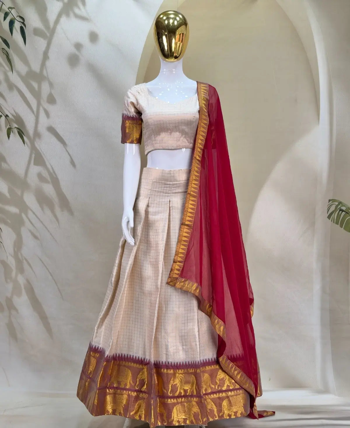 Ivory Zari Weave Lehenga With Maroon Dupatta