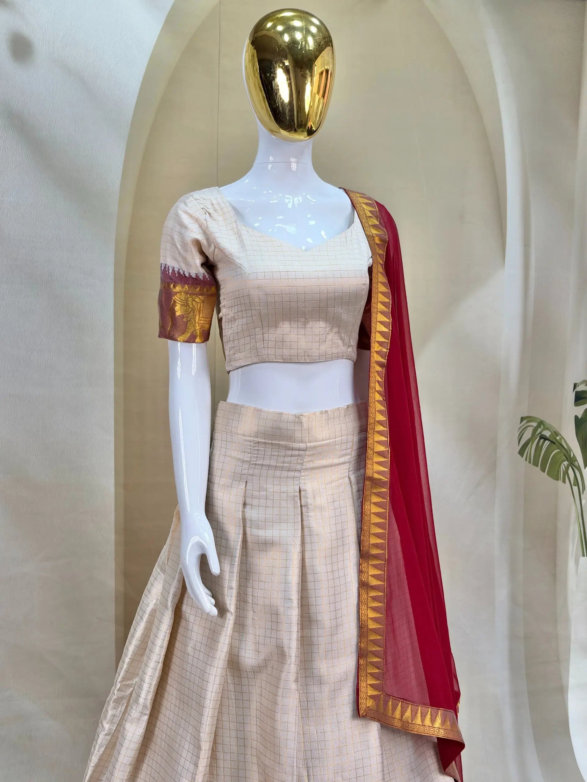 Ivory Zari Weave Lehenga With Maroon Dupatta