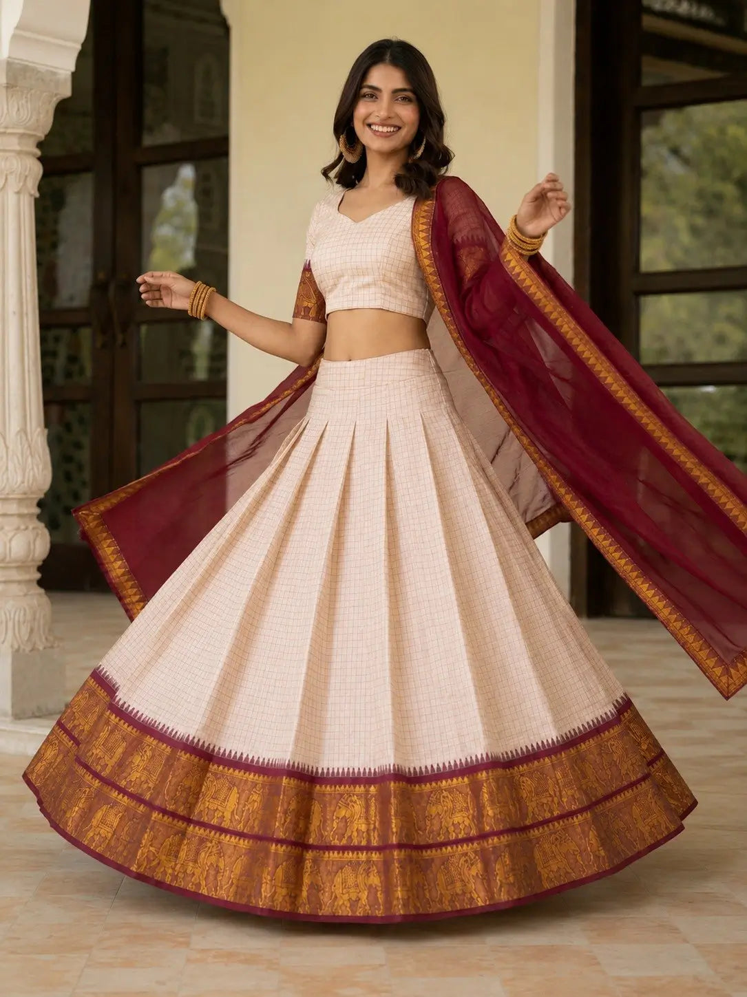 Ivory Zari Weave Lehenga With Maroon Dupatta