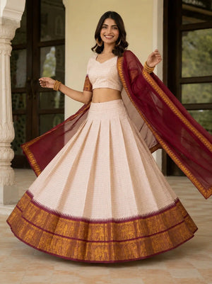 Ivory Zari Weave Lehenga With Maroon Dupatta