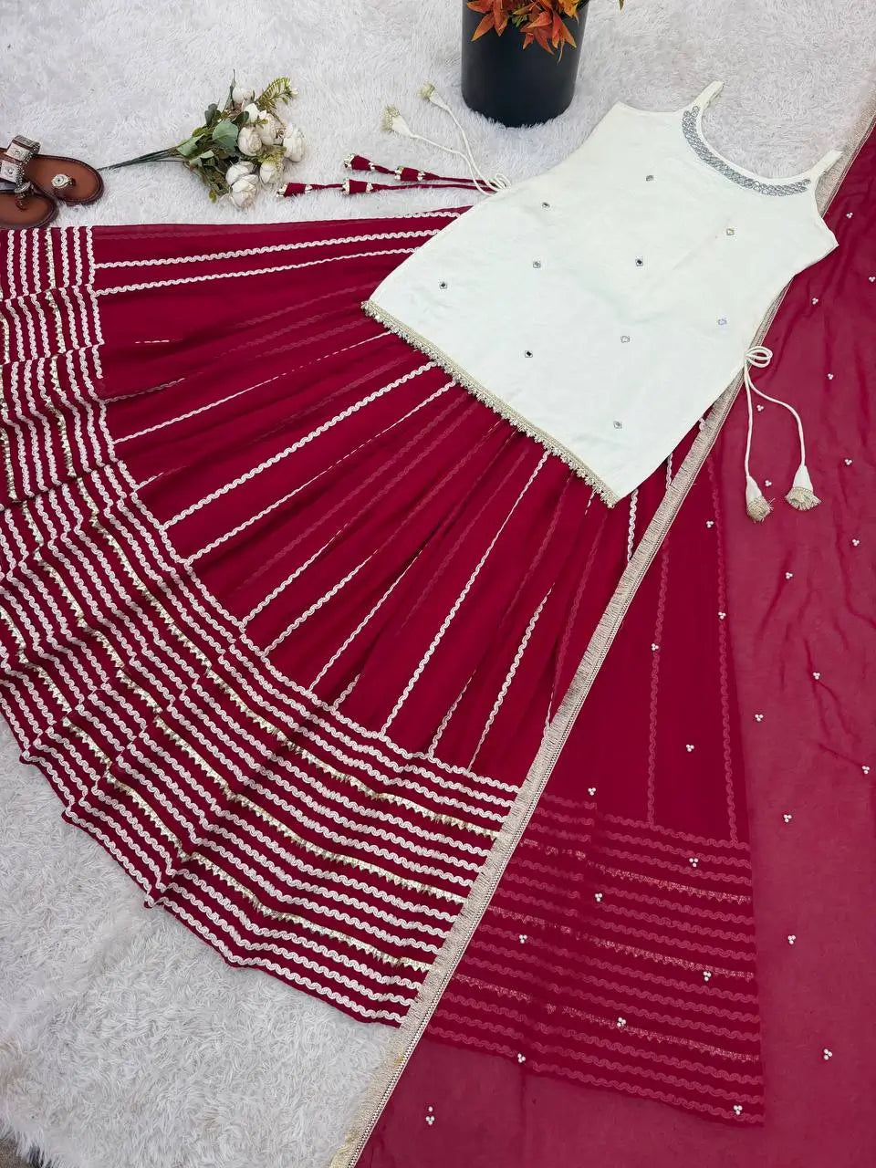 Ivory and Rani Pink Fendy Silk Lehenga Set with Real Mirror Work and Lace Detail