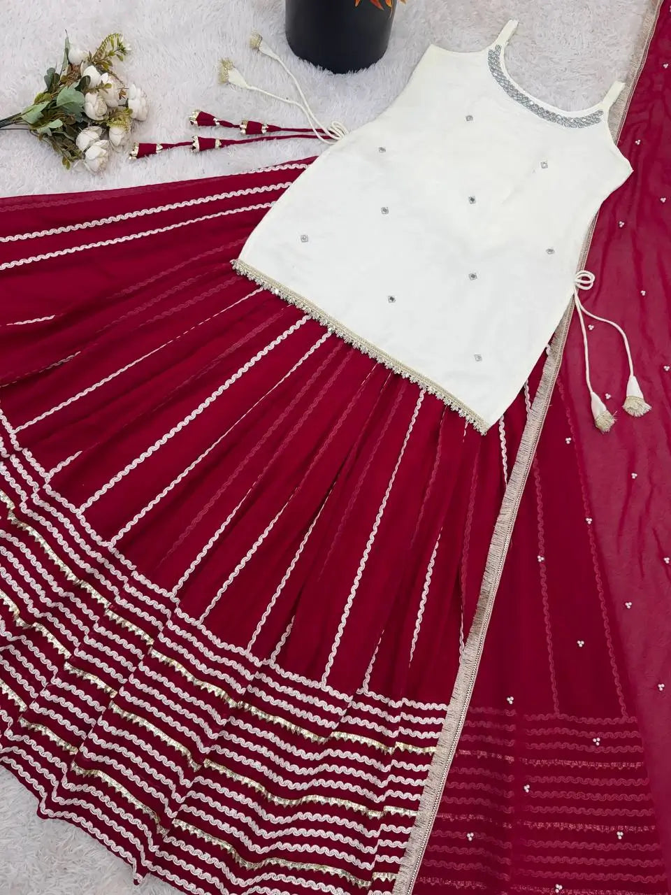 Ivory and Rani Pink Fendy Silk Lehenga Set with Real Mirror Work and Lace Detail