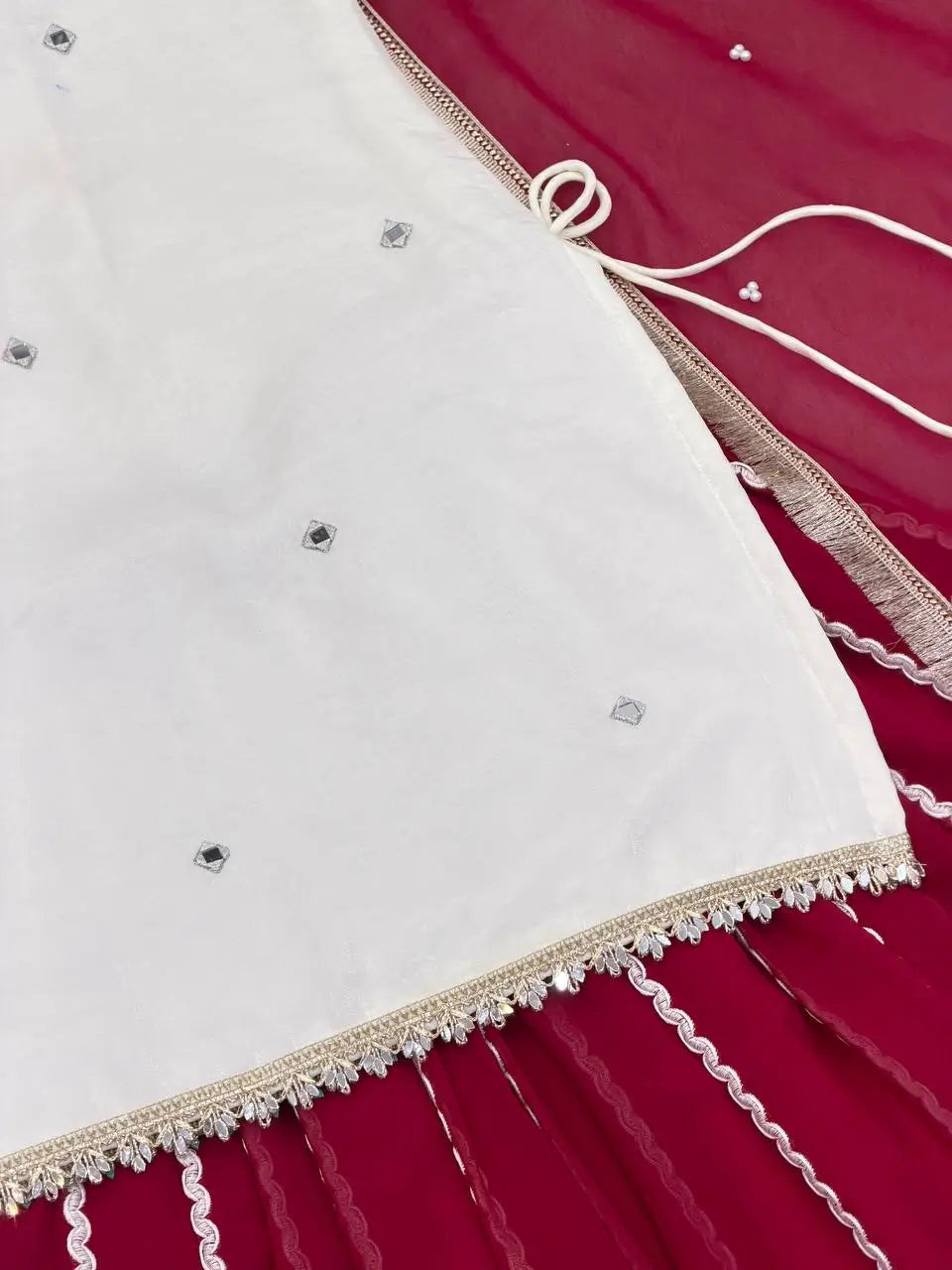 Ivory and Rani Pink Fendy Silk Lehenga Set with Real Mirror Work and Lace Detail