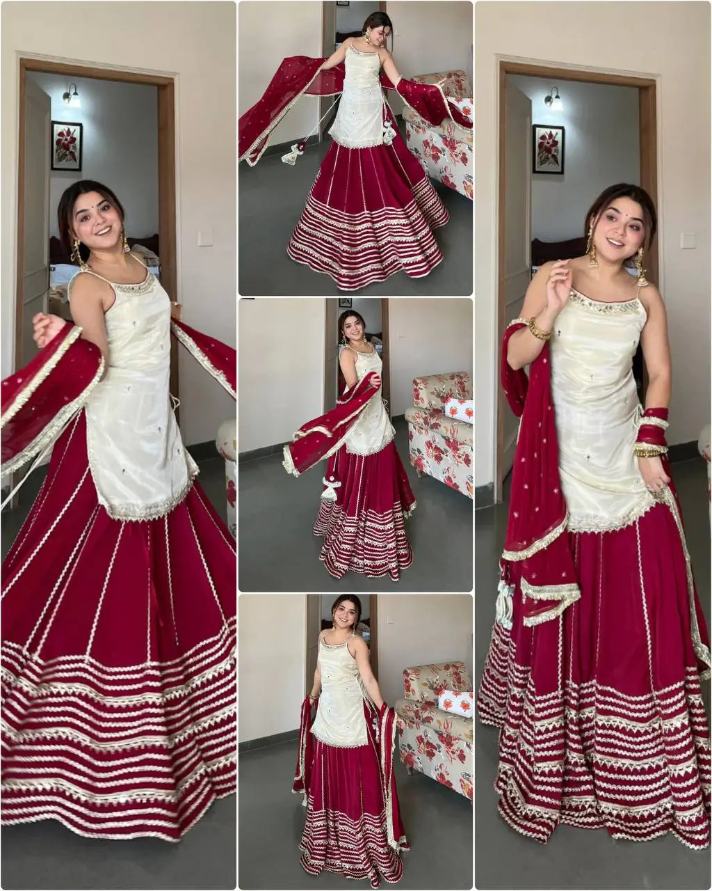 Ivory and Rani Pink Fendy Silk Lehenga Set with Real Mirror Work and Lace Detail