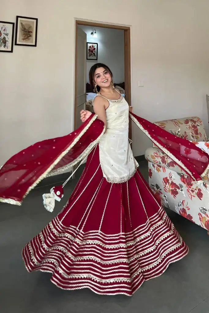 Ivory and Rani Pink Fendy Silk Lehenga Set with Real Mirror Work and Lace Detail