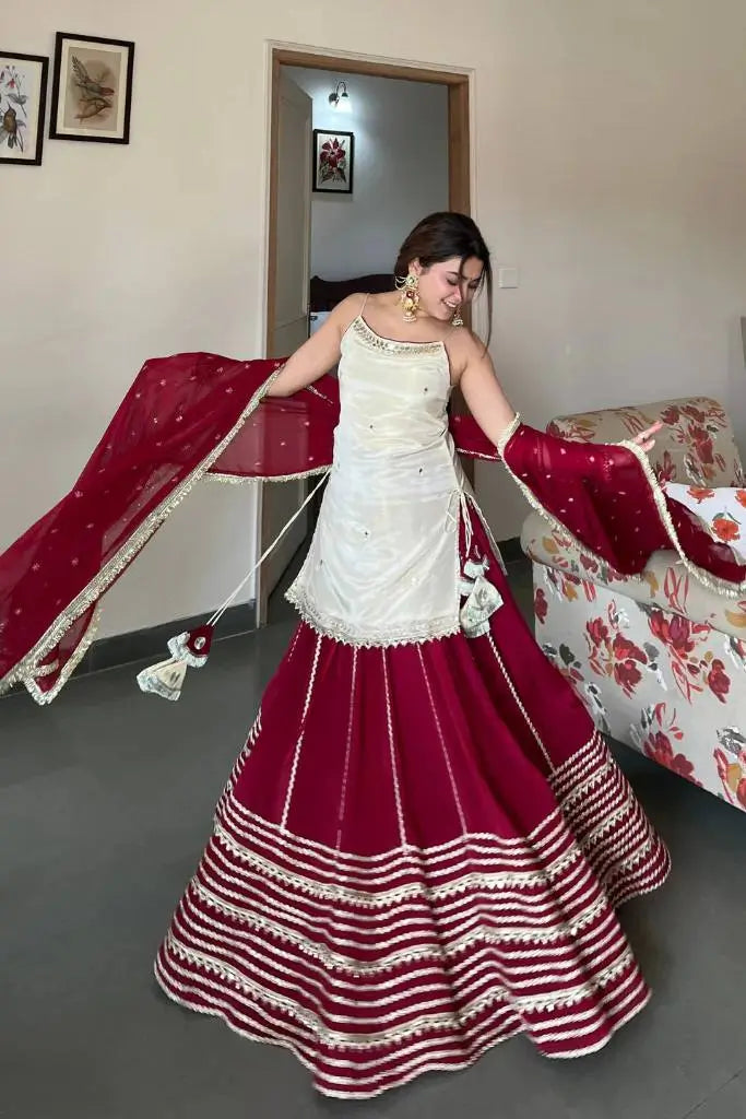 Ivory and Rani Pink Fendy Silk Lehenga Set with Real Mirror Work and Lace Detail