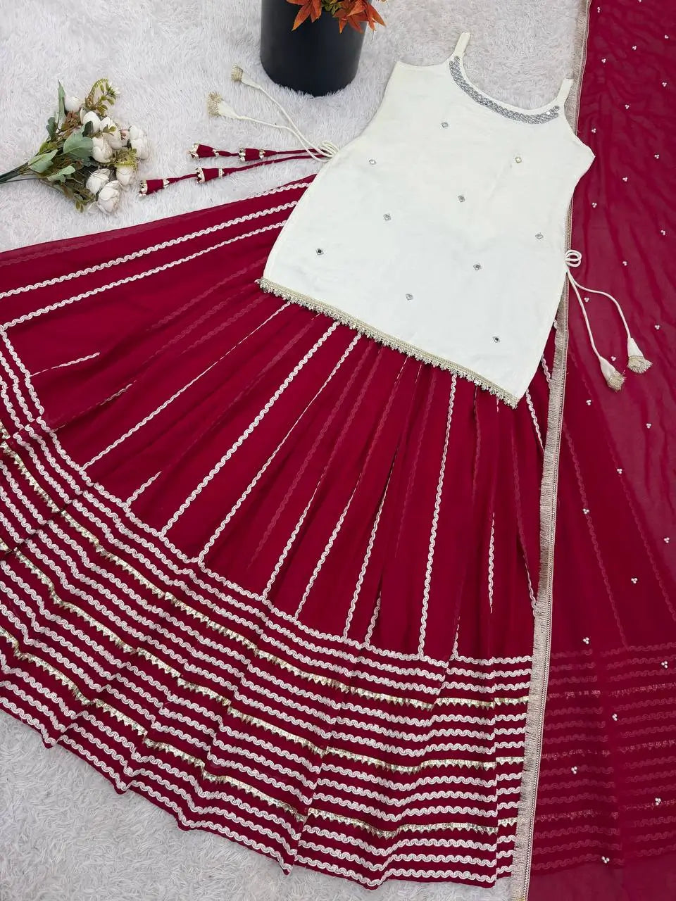Ivory and Rani Pink Fendy Silk Lehenga Set with Real Mirror Work and Lace Detail