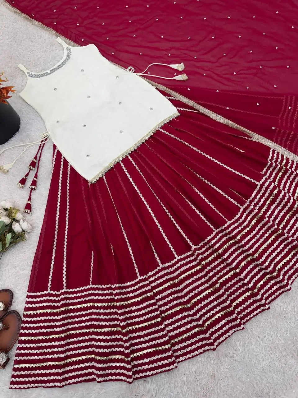 Ivory and Rani Pink Fendy Silk Lehenga Set with Real Mirror Work and Lace Detail