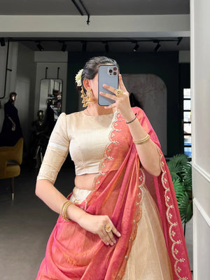 Jacquard Chex Zari Weaving Lehenga Set with Dupatta