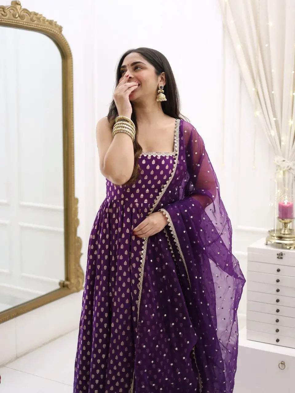 Jacquard Silk Anarkali Suit with Weaving & Lace Detailing