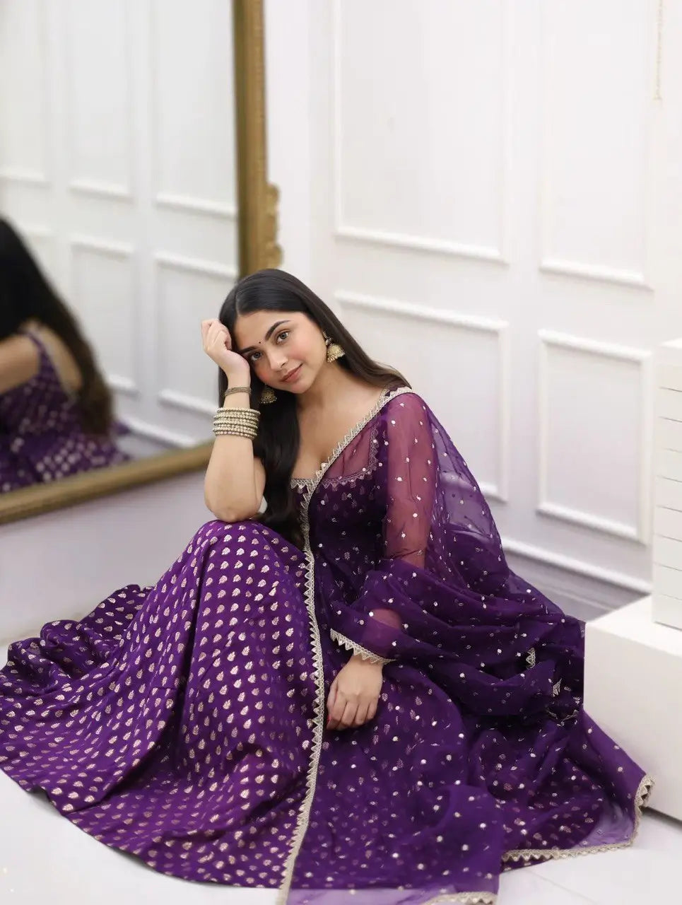 Jacquard Silk Anarkali Suit with Weaving & Lace Detailing